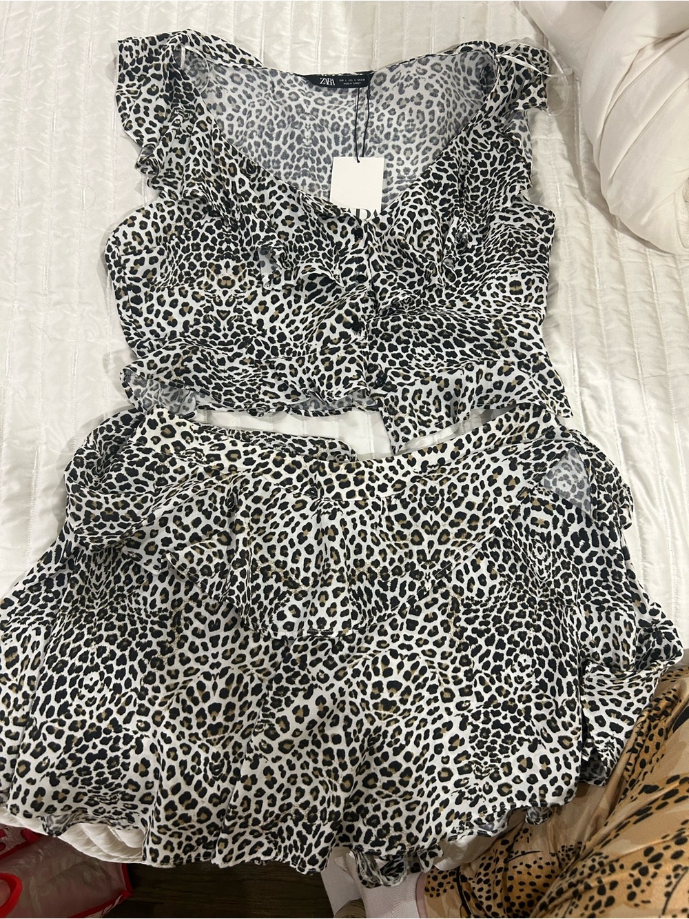 Zara Black White Brown Leopard Ruffle Two-Piece Set